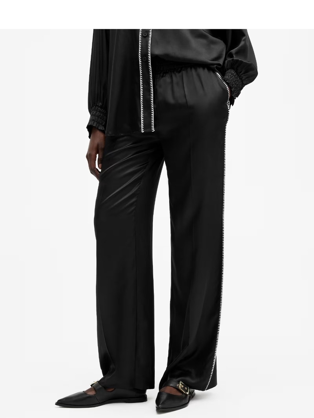 NWT AllSaints Black Satin Wide-Leg Trousers with Contrast Trim Size 10, 32.5"
